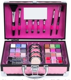 Surtido acondicionado para la venta al por menor compuesto de veinticuatro sombras de ojos, tres brochas, seis brillos de labios, dos barras de labios, un iluminador facial, una brocha para colorete, una brocha para labios, una brocha para sombras, cuatro aplicadores de espuma.
Se utiliza como maquillaje.
Se utiliza para su venta al por menor en un maletín.
