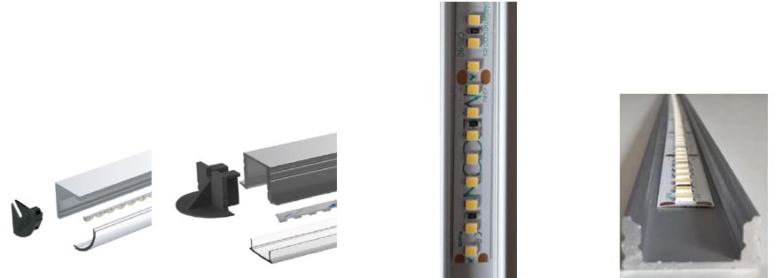 Luminaria compuesta esencialmente por un perfil de aluminio y una cinta LED integrada (la cinta va pegada, no sería posible separarlos sin deteriorar la cinta) del tipo de las diseñadas para ser fijadas al techo o a la pared.
Los perfiles tienen distintos diseños, que puede ser en forma de L o de U.
Sus medidas van desde 17,5 mm hasta 25 mm de ancho y 2,3 mm hasta 6,9 mm de alto. La longitud, al igual que la longitud de la cinta LED, es de 3 metros. 
La potencia de la tira LED va desde 8 a 14,4W/metro y tienen una vida media de 50.000 horas.
El producto se importa en embalajes de cartón, en cajas de 50 o 100 barras de 3 metros de largo.
Todos los modelos están preparados para que un difusor sea ensamblado en el perfil de aluminio, no obstante, el difusor forma parte del producto final sólo cuando el cliente quiera difuminar la luz. Sin embargo, el difusor no es objeto de clasificación en esta IAV, ya que se importa de forma separada.
La funcionalidad es emitir luz.