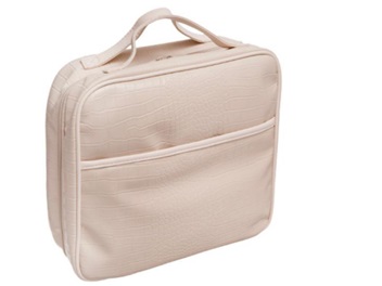 Neceser con asas, de perfil aproximadamente cuadrado y unas dimensiones aproximadas de 30 x 28 x 13 cm. Tiene cuatro compartimentos en forma de bolsillos.
Su superficie exterior está compuesta en su mayor parte por plástico moldeado. Dispone de ribetes lisos, las asas y la tira trasera de hojas de plástico.
Se destina como neceser.
Plástico moldeado.