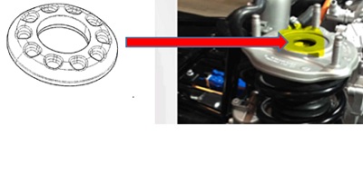 Artículo de aleación de aluminio obtenido por inyección que se colocan en el sistema de suspensión (copelas) de vehículos de turismo. 
Se trata de una pieza de perfil circular (diámetro aproximado de 62,55 mm) con un orificio también circular en su parte central y una serie de orificios menores circulares a lo largo de su perímetro.
Su peso aproximado es de 43,4 g y se presenta en cajas de cartón con 324 unidades.
Según declaración del solicitante se unen a las copelas que a su vez unen la parte superior del amortiguador al chasis del vehículo.