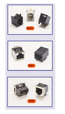 Dispositivos enchufables, denominados Jack y multijack, compuestos esencialmente por una carcasa de metal y/o plástico de forma específica con un conector hembra RJ, con, según el modelo, diferentes contactos internos en un lado y el número correspondiente de clavijas de contacto sobresalientes y conductoras de electricidad en el lado opuesto, para una tensión inferior a 1000 V.
Se utiliza para establecer una conexión eléctrica después de insertar un contacto de acoplamiento correspondiente (macho) y después del montaje (por ejemplo, soldadura) en una placa de circuito impreso.