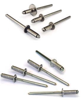 Remaches ciegos, compuestos por dos elementos no desmontables, cuerpo y vástago, que pueden ser lisos o estriados.
Estos dos elementos pueden estar fabricados con diferentes metales, presentándose en las siguientes combinaciones: aluminio y acero, aluminio y aluminio, aluminio y acero inoxidable, acero y acero, acero y acero inoxidable, acero inoxidable y acero inoxidable, cobre y acero, cobre y acero inoxidable, cobre y bronce.
Se presentan con unos diámetros que van de los 2,4 a los 9,5 mm y unas longitudes comprendidas entre los 4 y los 200 mm.