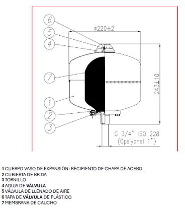 Vaso de expansión en forma de recipiente cerrado de acero provisto de una membrana que divide su interior en una cámara de agua y una cámara de aire y que actúa como elemento elástico para absorber las variaciones de volumen de un circuito de agua.
Además de la membrana dispone de una válvula de llenado de aire, una aguja de válvula, etc.

Se presentan con diferentes tamaños y capacidades embalados individualmente en cajas de cartón.
Según declaración del solicitante se utiliza para el mantenimiento de la presión y compensación del volumen en sistemas cerrados de agua de calefacción, energía solar, agua de refrigeración, agua potable y no potable etc.