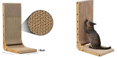 Rascador para gatos. Está formado por cartón prensado, madera y tornillos de metal para la sujeción de la estructura.
Para entretenimiento de los gatos.