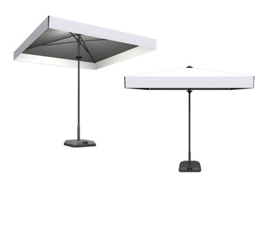 Parasol de aluminio cuadrado (2,5 x 2,5 m), destinado a quedar fijo en una peana. Está formado por perfiles de aluminio (mástil y extensores) y de acero (Kit brazo), tornillería y piezas plásticas. Véase imagen.
El producto se presenta a despacho completo con todos sus componentes sin montar todavía. Las operaciones y trabajos que recibirán los productos con posterioridad a su despacho son, por orden e indispensables para poder comercializar el producto:
1.	Montaje de los diferentes componentes.
2.	Ensamblado de a lona.
3.	Embalaje