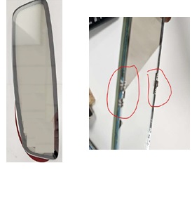 Espejo de vidrio para retrovisores de vehículos automóviles. Se trata de un artículo con un perfil rectangular ligeramente ovalado con unas dimensiones aproximadas de 22,5 cm de longitud y 4,5 cm de altura. Está compuesto por dos capas de vidrio y dispone de dos conectores metálicos aproximadamente en el centro de sus lados largos (en las zonas identificadas como ánodo y cátodo en la documentación aportada) para un voltaje máximo de 1,4 v. Se presenta embalado en cajas de cartón sin enmarcar y sin carcasa.
Según declaración del solicitante se usará en la fabricación de espejos de atenuación automática (electrocrómicos).