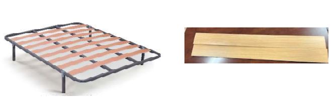 Láminas de madera compuestas por varias capas pegadas y prensadas en el mismo sentido sin formar ningún ángulo entre ellas. Están compuestas por 5 láminas de madera de poppulus (Chopo) de 1,4 mm de espesor aproximado, con una cara recubierta por papel xerografiado como madera de haya.
Están diseñadas para ser ensambladas en somieres.
Las láminas están redondeadas en los laterales.
Medidas:
Anchos: desde 100 mm hasta 180 mm
Espesor: desde 7 mm hasta 8 mm
Largos: desde 515 mm hasta 1590 m