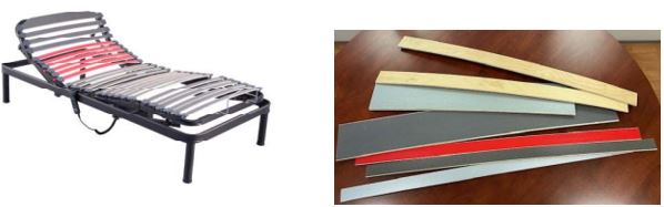 Láminas de madera compuestas por varias capas pegadas y prensadas en el mismo sentido sin formar ningún ángulo entre ellas. Están compuestas por láminas de madera de poppulus (Chopo) y de betula (abedul) de distintos espesores. Terminación con papel decorativo en varios colores.
Están diseñadas para ser ensambladas en somieres.
Las láminas están redondeadas en los laterales.
Medidas:
Anchos: desde 38mm hasta 180mm 
 Espesor: desde 6mm hasta 10mm 
 Largos: desde 400mm hasta 1590mm
Dependiendo del grosor final de la lámina, está lleva más o menos capas: 
6mm = 4 capas de 1,50mm aproximado cada capa. (2 capas de Abedul y 2 
capas de Chopo). 
7mm = 5 capas de 1,45mm aproximado cada capa. (3 capas de Abedul y 2 
capas de Chopo). 
8mm = 5 capas de 1,50mm aproximado cada capa. (3 capas de Abedul y 2 
capas de Chopo). 
9mm = 7 capas de 1,35mm aproximado cada capa. (4 capas de Abedul y 3 
capas de Chopo). 
10mm = 8 capas de 1,35mm aproximado cada capa. (5 capas de Abedul y 3 
capas de Chopo).