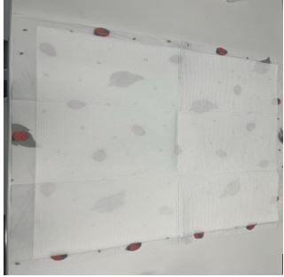 Cambiador para bebé, compuesto por tres capas. Es desechable. Las capas son: Textil no tejido (12g/M2), papel higiénico (13g/M2), Film de polietileno (23g/M2), Celulosa (30g/M2) y polímero absorbente (3g/M2).
Medidas: 60X60 cm.
Se destina a los bebes para hacer más fácil el cambio de pañal, protegiendo la superficie.
Acondicionada para la venta al por menor en formatos de 10 unidades.