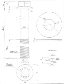 Tornillo de brida de acero de tipo C45 con cabeza hexagonal, con rosca redonda, roscado parcialmente. Grosor de espiga (zona roscada) de 25 mm.
Según el solicitante, se utiliza para la fijación de dovelas de arco.
Longitud total: 335 mm.
Longitud de la rosca: 100 mm.
Resistencia a la tracción: inferior a 800 MPa.