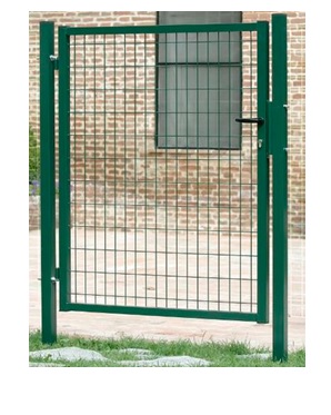 Puerta de jardín plastificada en verde realizada con un marco de tubos huecos de acero y una malla interior de alambre que cierra la hoja de la puerta.

Se presenta, con medidas que van de uno a dos metros de alto, simultáneamente en dos cajas una de las cuales contiene la puerta con las bisagras y la maneta sueltas y la otra los dos postes laterales para fijarla al suelo también en forma de tubos huecos de acero y siempre de una altura 50 cm superior a la puerta con la que se presentan.

Se trata de un artículo únicamente pendiente de operaciones de montaje (de las bisagras, de una de las hojas de la puerta en el pilar de giro, etc.)