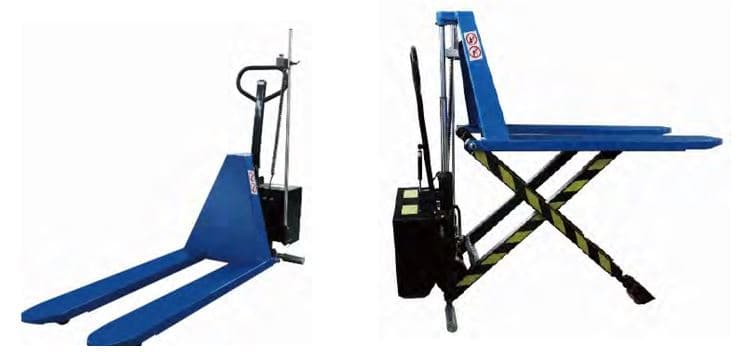 Carretilla (transpaleta) hidráulica de uso manual que además dispone de la función de elevador automático eléctrico. Está provista de un cilindro hidráulico telescópico multiplataforma que puede elevarse automáticamente y está equipada con un sistema de seguimiento de altura fotoeléctrico para asegurar que el apilador se eleve automáticamente a la altura configurada. 
Su carga máxima son 1.000 kg, la altura máxima que puede alcanzar 800 mm, su ancho es de 540 mm y su longitud total de 1.200 mm.