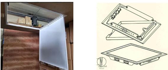 Trampilla de acero lacada que se presenta con unas dimensiones de 600 x 600 mm.
Está compuesta por un marco y una puerta de acceso con sistema de cierre. Son aptas para su instalación tanto en paredes como en techos.
Pueden presentarse en embalajes individuales colocados en cajas con un numero variable de unidades o a granel. 
En ambos casos se presentan con una bolsa que contiene los tornillos necesarios para su instalación.