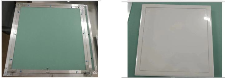 Trampilla con unas dimensiones de 600 x 600 mm, está compuesta por un marco de aluminio con los orificios necesarios para su instalación y una puerta de acceso de cartón-yeso unida al marco mediante tornillos. Disponen de sistemas de apertura y cierre metálicos.  Son aptas para su instalación tanto en paredes como en techos.
Pueden presentarse en embalajes individuales colocados en cajas con un numero variable de unidades o a granel. 
En ambos casos se presentan con una bolsa que contiene los tornillos necesarios para su instalación.