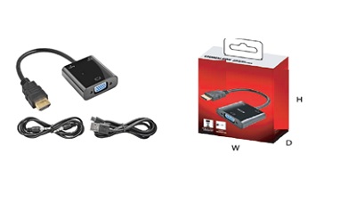 Surtido presentado en un envase acondicionado para su venta al por menor compuesto por un adaptador (con conversor de imagen integrado) en forma de cable con sus piezas de conexión (conector de entrada macho HDMI a conector de salida hembra VGA de 15 pines), cable de audio con conectores Jack 3,5 mm, cable de alimentación de tipo USB y guía de instalación. Tensión de alimentación del adaptador HDMI/VGA 5 V en CC.
El adaptador convierte una señal HDMI digital en una señal analógica VGA. Permite utilizar aparatos con salida digital HDMI en televisores, proyectores, monitores, etc., con entrada VGA.
Longitud del cable del adaptador: 15 cm.
Longitud del cable de audio: 1 m.
Longitud el cable USB: 1 m.