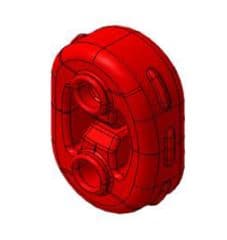 Soporte para tubo de escape elaborado con caucho no celular vulcanizado sin endurecer.
Se trata de una pieza en forma de elipse con unas dimensiones aproximadas de 53 X 72 X 30 mm que presenta una serie de rebajes y dos orificios.
Está pieza se montará en un inserto metálico y el conjunto se atornillará al chasis de un vehículo automóvil. De esta pieza colgará parte de la línea de escape.
Puede presentarse en contenedores con 6.000 piezas o en cajas con 150 piezas.
Según declaración del solicitante la función principal de esta pieza es favorecer un funcionamiento silencioso del vehículo y aislar el habitáculo de ruidos procedentes del motor y de la la propia línea de escape.