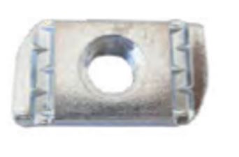 Tuerca de acero cincado de perfil aproximadamente rectangular con muescas en una de sus caras y dimensiones de 30 x 24 x 9 mm. Su orificio central, con diámetros de 8 a 12 mm, dispone de una rosca métrica. 
Se presenta para su venta en cajas que contienen 100 unidades.
Según declaración del solicitante está diseñada para instalarse a presión en las paredes interiores de guías tipo strut para la instalación de accesorios en las mismas por medio de espárragos, varillas, tornillos, etc.