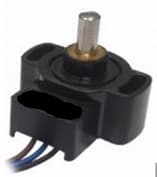 Sensor de posición rotativa, utilizado para medir la posición angular de un eje giratorio y generan una señal analógica o digital (CAN, PWM, SPI). El sensor está formado por una carcasa de plástico, un PCBA con cables, un relleno con resina epoxi, un casquillo metálico, un eje metálico y un imán colocado al final de dicho eje.
Tecnológicamente basado en un sensor magnético de efecto hall vertical y miden la posición absoluta de un imán en rotación (que está integrado en el eje del sensor) detectando cambios en el eje magnético. Es programable el tipo de salida y el ángulo de giro, cuya resolución máxima angular es de 12 bits.
Este dispositivo se utiliza en robótica, equipos industriales, sistema HVAC, en la industria naval, automoción, etc.