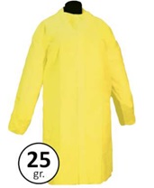 Bata de un solo uso, color amarillo, confeccionada con tela sin tejer hecha con fibras sintéticas (polipropileno 25gr/m2). Cubre la parte superior del cuerpo y dispone de abertura delantera con cierre tipo velcro, mangas largas ajustables en la zona de la empuñadura mediante gomas de ajuste y cuello tipo camisa. Sin bolsillos.
Se presenta para su venta al público en bolsas de una unidad, que se presentan en cajas que contienen 50 unidades.
Se utiliza para protección de uso general contra riesgos menores.
Está hecha de fibras sintéticas (polipropileno (PP) de 25 g/m2).