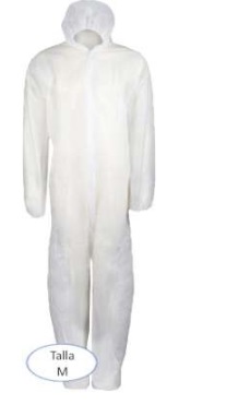 Mono buzo de un solo uso, color blanco, talla M, confeccionado con tela sin tejer de fibras sintéticas (polipropileno (PP) de 40 g/m2), que cubre la parte superior e inferior del cuerpo, con cierre delantero mediante cremallera, capucha y elásticos en puños y bajos; para protección de uso general contra riesgos menores.
Mono Buzo de protección para uso general, indicado especialmente para el uso en el sector sanitario, equipamiento de laboratorio, químico, alimentación, limpieza, pintura, industria, construcción, automoción y agricultura.
Está hecho de fibras sintéticas polipropileno (PP) de 40 g/m2).
Se presenta para su venta al público en cajas de 25 unidades, cada caja contiene 25 bolsas de 1unidad.