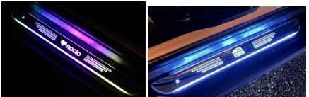Se trata de una placa LED para el umbral de una puerta de automóvil, compuesta por una placa de plástico con acabado plateado y un grabado láser con la forma de texto o logo personalizable según especificaciones del cliente, permitiendo, dicho grabado, el paso de la luz que se produce en el interior de la placa. 
Dentro de la placa hay una tira LED de colores, un sensor infrarrojo, un acumulador eléctrico y un interruptor que van conectados a un circuito electrónico. 
En la parte inferior de la placa lleva un imán permanente que permite adherir la placa al umbral de la puerta del automóvil. 
Las dimensiones, según los dos modelos disponibles, pueden ser 4,3 x 25 cm o 4,3 x 54 cm.
El artículo incluye un cable USB de carga sin función de transmisión de datos, sólo se utiliza para la carga del acumulador eléctrico conectándolo.
Letrero/Placa luminosa para umbral de vehículo.
El circuito eléctrico controla todas las funciones del dispositivo, pero no es programable.