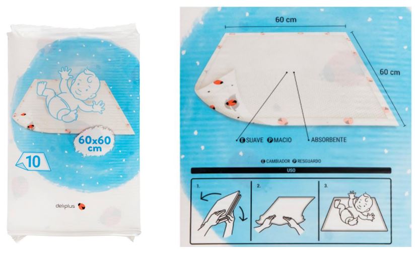 Cambiador para bebé, compuesto por tres capas. Es desechable. Las capas son: Textil no tejido (12g/M2), papel higiénico (13g/M2), Film de polietileno (23g/M2), Celulosa (30g/M2) y polímero absorbente (3g/M2).
Medidas: 60X60 cm.
Se destina a los bebes para hacer más fácil el cambio de pañal, protegiendo la superficie.
Acondicionada para la venta al por menor en formatos de 10 unidades.