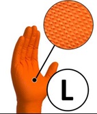 Guante de un solo uso, no estéril, de nitrilo 100%, color naranja, ambidiestro, sin empolvar y con puño enrollado para una mejor adaptación y facilidad de extracción. 
Posee una superficie exterior texturizada en forma diamantada para un mejor agarre, mejorando el antideslizamiento. Mientras que la superficie interna es lisa.
Función o uso:  No son de uso sanitario.
NO Cumple las normas EN455-1, EN455-2, EN455-3 y otras equivalentes.
Se presenta para venta al público en estuches de 50 unidades embalados en cajas con 10 estuches.