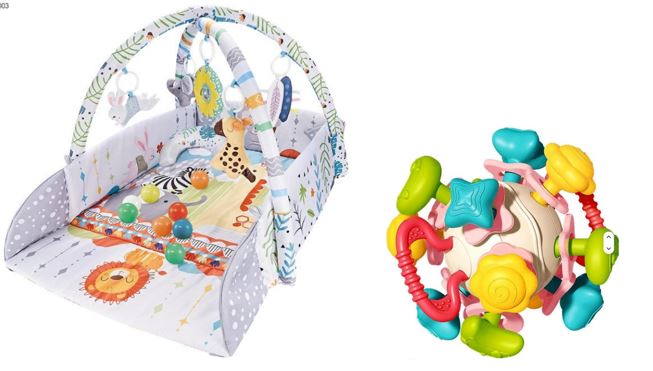 Surtido acondicionada para la venta al por menor compuesto de colchoneta de materia textil (100% poliéster) con relleno de fibra de poliéster, veinte bolas plásticas de colores para transformar el gimnasio en una pequeña piscina de pelotas y un mordedor juguete para bebés.
La colchoneta de materia textil dispone de una estructura desmontable de arcos con núcleo interno de material plástico ligero (PP/PE) recubierto de funda textil. De los arcos cuelgan colgadores que se fijan mediante aros plásticos, y se ensamblan a la base mediante cuatro ganchos plásticos. Dispone de cinco colgadores blandos de tela con relleno de fibra de poliéster destinados a la estimulación sensorial y motora y de un colgador.
El mordedor juguete tiene forma de bola, está fabricado en silicona alimentaria y plástico, y está destinado a la manipulación y alivio de encías. Tiene unas medidas de 10 x 10,5 x 9,8 cm. Emite sonidos al agitar los aros de plástico y al rotar la esfera central (carraca).

Las pelotas no son rellenas, están huecas, son de colores llamativos y tienen unas medidas aproximadas de 5,5 cm (circunferencia ≈ 17 cm).
El surtido se destina al entretenimiento de los niños para la estimulación sensorial y motora para bebés desde 0 meses de edad.
Se presenta su venta al público en una caja de cartón, con marcado CE y advertencias de seguridad.