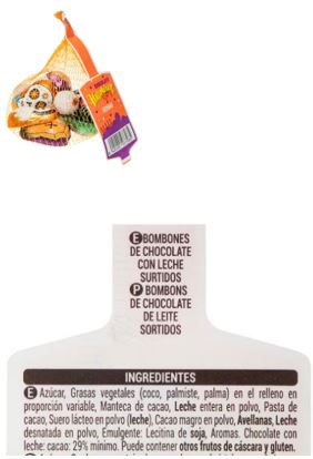 Surtido de bombones de chocolate con leche rellenos con temática de Halloween. Sin alcohol. Se presenta para su venta al por menor en malla de 75g.
Concebido para uso alimentario