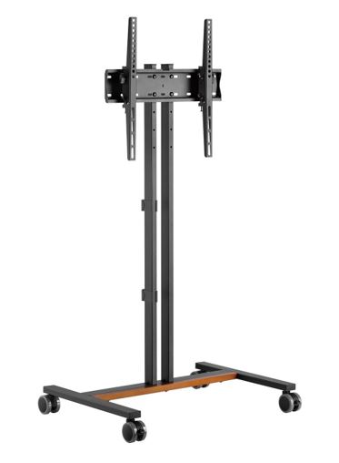 Artículo metálico diseñado para colocarse sobre el suelo con cuatro ruedas, soporte para televisores o monitores de 32" a 55" (carga máxima 35 kg), fabricado en acero de alta resistencia con acabado de pintura electrostática negra.
Se trata de un artículo con una altura máxima de 1.226 mm. con unos rangos de ajuste para la altura del soporte de la TV/monitor de 862, 916, 970, 1024 mm. y una distancia máxima de separación de ruedas de 444 x 650 mm. Puede inclinarse en ángulos de menos 10 a mas 10 grados y es compatible con estándares VESA de 200×200, 300×200, 400×200, 300×300, 400×300, 400x400 mm.
Se presenta desmontado embalado conjuntamente con un kit de montaje que no incluye herramientas y un manual de instrucciones.
Soporte de suelo para televisores o monitores.