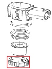 Anillo de retención elástico fabricado en plástico (PBT) reforzado con fibra de vidrio. Se utiliza para la fijación mecánica de sensores ultrasónicos de detección de distancias hasta objetos y monitorización del espacio en maniobras de aparcamiento.
Función o uso: Según declaración del solicitante proporciona fijación mecánica al sensor en su punto de instalación asegurando la copa de la membrana y el correcto posicionamiento y orientación del sensor, permitiéndole una detección y medición precisa de las distancias por medio de los ultrasonidos. También proporciona protección a la base del sensor de elementos externos.