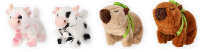 Juguete que representa un animal (vaca, capibara). Incorporan módulo sonoro y realiza movimientos interactivos. Funciona con pilas AA x2, no incluidas. Cada animal dispone de dos acabados distintos según los colores.
Medidas de la vaca: 20*18*8cm y tiene un peso de 192.6g
Medidas del capibara: 15.5*13*7cm y tiene un peso de 147.3g
Juguete para el entretenimiento de niños.
20% POLYESTER+70%PP+10%ELECTRIC COMPONENTS.
La vaca presenta relleno en el morro, en los cuernos y en la bufanda y la capibara en el morro y en la tortuga adherida a ella de forma permanente.