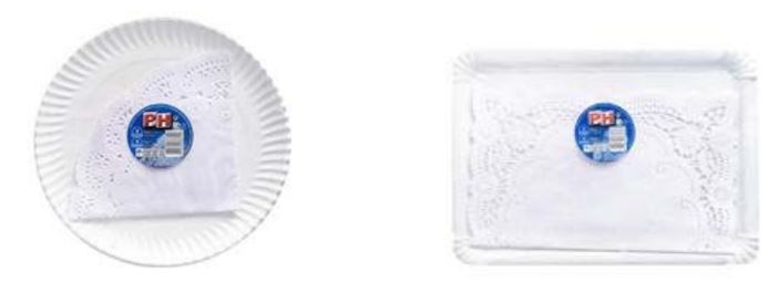 Bandejas de cartón reciclado estucado. Es reciclable y biodegradable.
Según declaración del solicitante se trata de artículos para uso doméstico.
Se presenta para su venta al público con una blonda respectivamente de papel celulosa blanco y en paquetes de 4 unidades y en diferentes formas (plato redondo y bandeja rectangular).