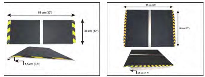 Manufactura de aluminio de forma rectangular y perfil ligeramente curvo que en su parte superior presenta una superficie antideslizante. Sus dimensiones aproximadas pueden ser de 81 x 30 cm o de 81 x 60 cm y soportan un peso aproximado de 272 kg.
Dispone de bandas reflectantes en sus laterales y está diseñada para fijarse al suelo mediante tornillos.  
En su zona más alta la distancia con el suelo puede ser de 1,5 o de 4,5 cm.
Según declaración del solicitante se trata de un producto diseñado para facilitar el acceso y la movilidad de personas en silla de ruedas o con movilidad reducida a superar pequeños desniveles o cambios de superficie. También puede utilizarse para evitar obstáculos como cables u objetos en el suelo.