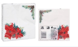 Servilleta de celulosa de color blanco con decoración. Dispone de dos capas unidas por gofrado (el gofrado es tipo gofrado de bordes).
Cada servilleta pesa 3,4 gramos y mide aproximadamente 328 x 325 mm.
Es utilizada por los comensales para la limpieza de labios y manos.
Se presenta en un envase de 30 unidades.