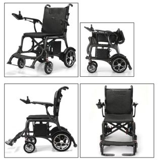 Silla de ruedas con mecanismo de propulsión y estructura de fibra de carbono. Medidas: 99 x 53 x 87 cm. Funciona mediante un motor eléctrico alimentado por baterías recargables y cuenta con un sistema de control intuitivo para facilitar su uso. Dispone de un joystick para controlar la dirección y velocidad, para detener la silla de forma automática al soltar el joystick lo que activará los frenos electromagnéticos 
automáticamente.  Tiene una capacidad de 160 Kg. Motor: 250W*2 Brush Motors, batería de Litio 24V 6.6Ah *2. Respaldo plegable.
Se utiliza para personas con movilidad reducida, permitiendo su desplazamiento de forma autónoma y segura.