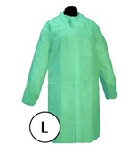 Bata de un solo uso, color verde, confeccionada con fibras sintéticas (polipropileno 35gr/m2), tela sin tejer con cierre delantero mediante velcros, cuello tipo camisa y manga larga ajustable en la zona de la empuñadura mediante gomas de ajuste; medidas: 120 x152 cm.
Se utiliza para protección de uso general contra riesgos menores.
Se presenta para su venta al público en bolsas de una unidad, que se presentan en cajas que contienen con 50 unidades.