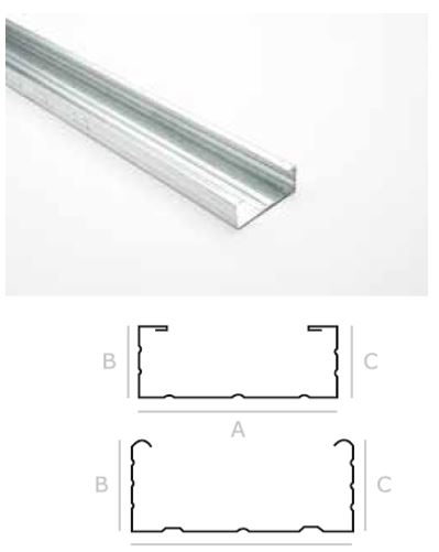 Perfil de acero galvanizado en forma de U obtenido por laminación en frio a partir de un producto laminado plano que presenta su eje marcado y un moleteado continuo para facilitar que su atornillado. No dispone de perforaciones, taladrados, etc. que se realizarán en el momento de su montaje. 
Según declaración del solicitante está fabricado con acero no aleado (acero DX51D). 
Se presenta con el logotipo serigrafiado, en paquetes con fleje de polipropileno, con alturas que pueden ser de 18 o 27 mm, anchos de 45, 47 o 60 mm. y una longitud de 3000 mm.
Según declaración del solicitante se le atornillaran placas de yeso laminado en su eje, por lo que se utilizará como elemento portante y determinante del plano en techos continuos de placa de yeso laminado.