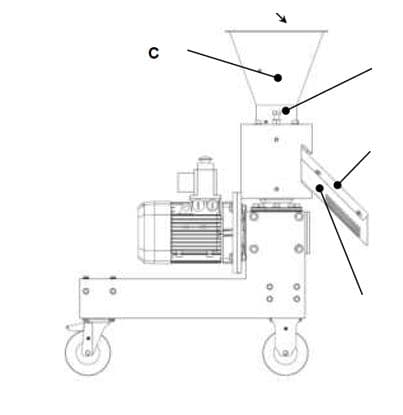 Máquina para la fabricación de pellets de tipo no profesional según la declaración del solicitante.
Funciona de manera automática mediante la compresión y extrusión del material introducido por la tolva de alimentación superior (serrín de madera o residuos de la transformación de la misma). 
Sus dimensiones máximas son de aproximadamente: 870 x 390 x 1060 mm. funciona con una tensión de 400 V en corriente alterna y su peso es de aproximadamente 110 kg.
Según declaración del solicitante se utiliza para la fabricación de gránulos de serrín de madera o de residuos de la transformación de la misma. Gránulos de 6 mm de diámetro con matriz estándar y longitudes entre 25 y 35 mm.