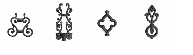 Elementos ornamentales moldeados, adornos de hierro o acero obtenidos con fundición de grafito laminar, destinados a incorporarse en cancelas, balcones, rejas, y otras construcciones metálicas, sin formar parte de la estructura.
Se identifican con su denominación y un código de cinco/seis dígitos que se inicia con las dos letras del artículo.