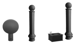 Elementos de protección (bolardos) fabricados con chapa de hierro o tubo de hierro. Se presentan para su venta al por menor en cinco formatos distintos (forma de bola con base tubular, poste cuadrado y poste tubular) con una altura entre 450 y 1000 mm, y también pueden incorporar una base de chapa de acero. Están diseñados para colocarse de forma permanente en las aceras e impedir que los vehículos las invadan.
Impedir el paso y el aparcamiento de vehículos.