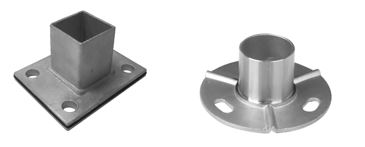 Partes de barandillas de acero inoxidable que se presentan en forma de artículos con una base plana (rectangular o circular) con agujeros para atornillarlos al suelo o a la pared de la que, en función del modelo, sobresale un elemento tubular cuadrado o circular. Sus dimensiones son: 88 x 69 mm para la base rectangular con 40 x 40 mm el elemento tubular que incorpora y 95 mm de diámetro la base circular con un elemento tubular de 35 mm de alto y un diámetro que puede ser de 43 o 50,8 mm.
Se presenta en cajas de 2 unidades idénticas, sin los tornillos.
Están hechos de acero inoxidable.