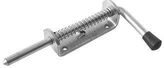 Cerrojo de muelle con pasador que se desplaza, de anclaje sencillo, que incorpora dos agujeros para anclaje, y que presenta las siguientes dimensiones 

	Longitud del cerrojo: 230 mm

	Longitud de la parte del muelle: 120 mm

	Diámetro del pasador: 12 mm
Se utiliza en vehículos no automóviles (remolques) para cerrar la puerta trasera.
Chapa de acero cincado.