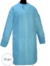 Bata de un solo uso, color azul, confeccionada con fibras sintéticas (polipropileno 35gr/m2).  Cubre la parte superior del cuerpo y dispone de abertura delantera con cierre tipo velcro, mangas largas ajustables en la zona de la empuñadura mediante gomas de ajuste y cuello tipo camisa. Medidas: 112x138 cm.
Se utiliza para protección de uso general contra riesgos menores.
Se presenta para su venta al público en bolsas de una unidad, que se presentan en cajas que contienen con 50 unidades.