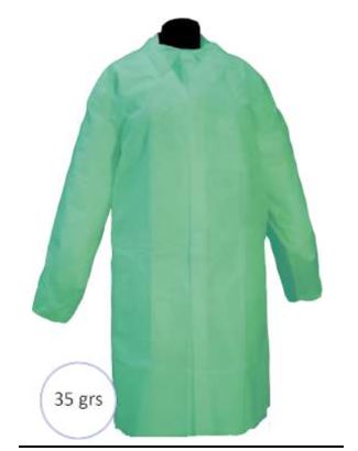 Bata de un solo uso, color verde, confeccionada con fibras sintéticas (polipropileno 35gr/m2).  Cubre la parte superior del cuerpo y dispone de abertura delantera con cierre tipo velcro, mangas largas ajustables en la zona de la empuñadura mediante gomas de ajuste y cuello tipo camisa. Medidas: 112 x138 cm.
Se utiliza para protección de uso general contra riesgos menores.
Se presenta para su venta al público en bolsas de una unidad, que se presentan en cajas que contienen con 50 unidades