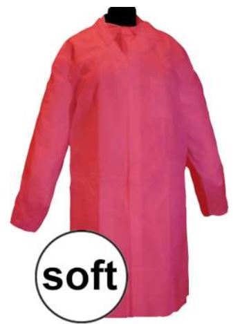 Bata de un solo uso, color rojo, confeccionada con fibras sintéticas (polipropileno 25gr/m2).  Cubre la parte superior del cuerpo y dispone de abertura delantera con cierre tipo velcro, mangas largas ajustables en la zona de la empuñadura mediante gomas de ajuste y cuello tipo camisa. Medidas: 112 x138 cm.
Se utiliza para protección de uso general contra riesgos menores.
Se presenta para su venta al público en bolsas de una unidad, que se presentan en cajas que contienen con 50 unidades