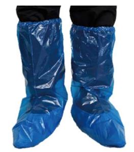 Articulo (cubre pie) confeccionado a partir de una hoja de polietileno (LDPE), de un solo uso, color azul, que cubre el pie y parte de la pierna, sujetándose por debajo de la rodilla mediante un elástico; Medidas: 500 x 400 mm.
Indicado para proteger el calzado.
Se presenta en bolsas con 100 unidades.  unidades.