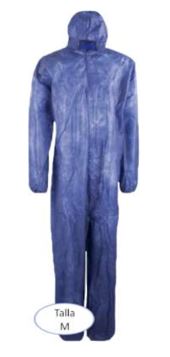 Mono buzo de un solo uso, color azul, talla M, confeccionado con tela sin tejer de fibras sintéticas (polipropileno (PP) de 40 g/m2), que cubre la parte superior e inferior del cuerpo, con cierre delantero mediante cremallera, capucha y gomas de ajustes en puños y tobillos para protección de uso general contra riesgos menores.
Se utiliza para protección de uso general contra riesgos menores.
Se presenta en bolsas con una unidad, en cajas con 50 bolsas.