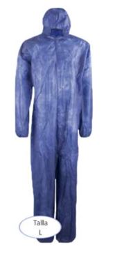 Mono buzo de un solo uso, color azul, talla L, confeccionado con tela sin tejer de fibras sintéticas (polipropileno (PP) de 40 g/m2), que cubre la parte superior e inferior del cuerpo, con cierre delantero mediante cremallera, capucha y gomas de ajustes en puños y tobillos para protección de uso general contra riesgos menores.
Se utiliza para protección de uso general contra riesgos menores.
Se presenta en bolsas con una unidad, en cajas con 50 bolsas.