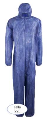 Mono buzo de un solo uso, color azul, talla XXL, confeccionado con tela sin tejer de fibras sintéticas (polipropileno (PP) de 40 g/m2), que cubre la parte superior e inferior del cuerpo, con cierre delantero mediante cremallera, capucha y gomas de ajustes en puños y tobillos para protección de uso general contra riesgos menores.
Se utiliza para protección de uso general contra riesgos menores.
Se presenta en bolsas con una unidad, en cajas con 50 bolsas.